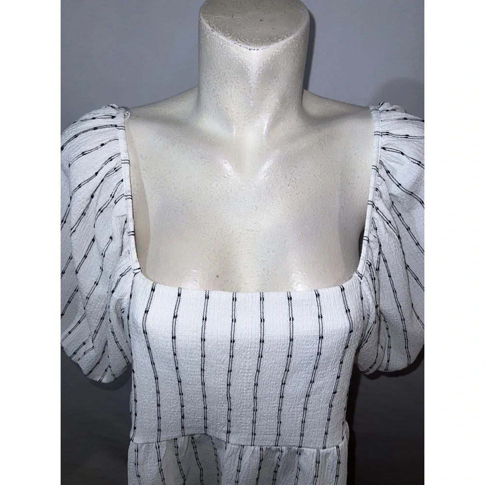 Madewell Top Womens Size XL White Black Square Neck Puff-Sleeve Stripe Shirt